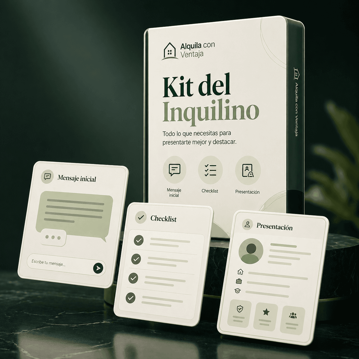 Mockup del Kit del Inquilino con plantillas, checklist y ejemplos